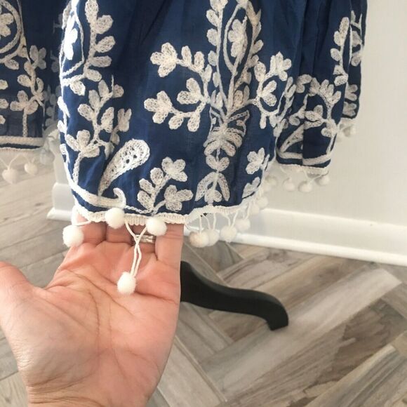 DEBBIE KATZ Boho Blue Off Shoulder Embroidered Pompoms Tassels Dress Cover Up S - Picture 8 of 10